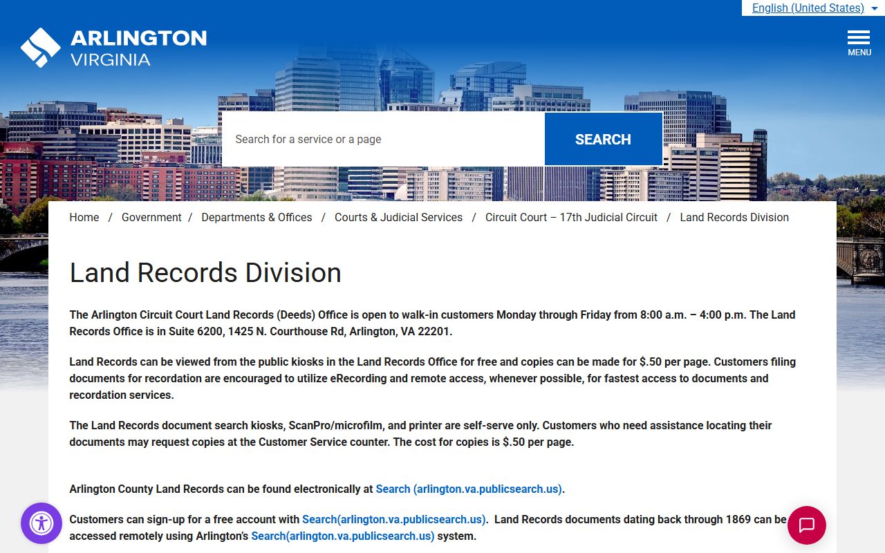 Arlington County Land Records Division page for Circuit Court records