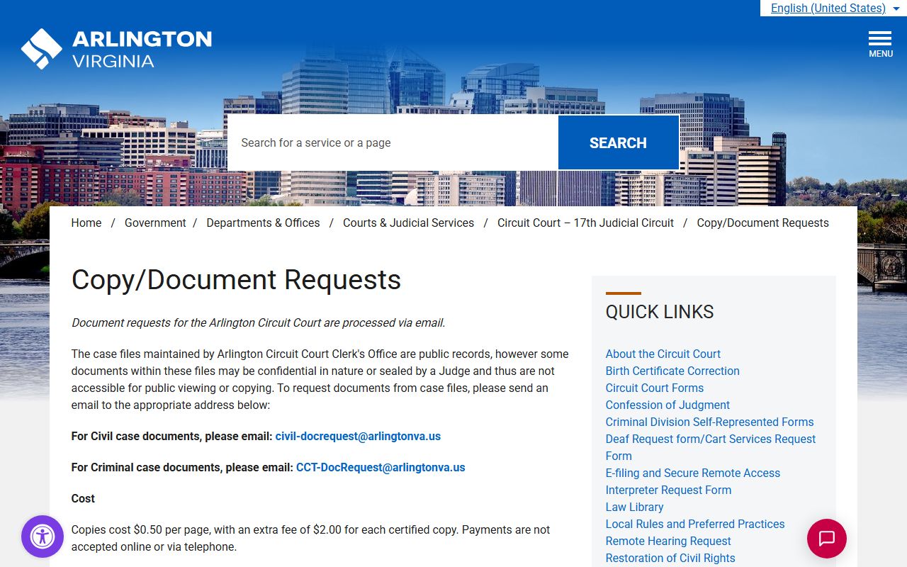Arlington County Circuit Court copy and document request page for records