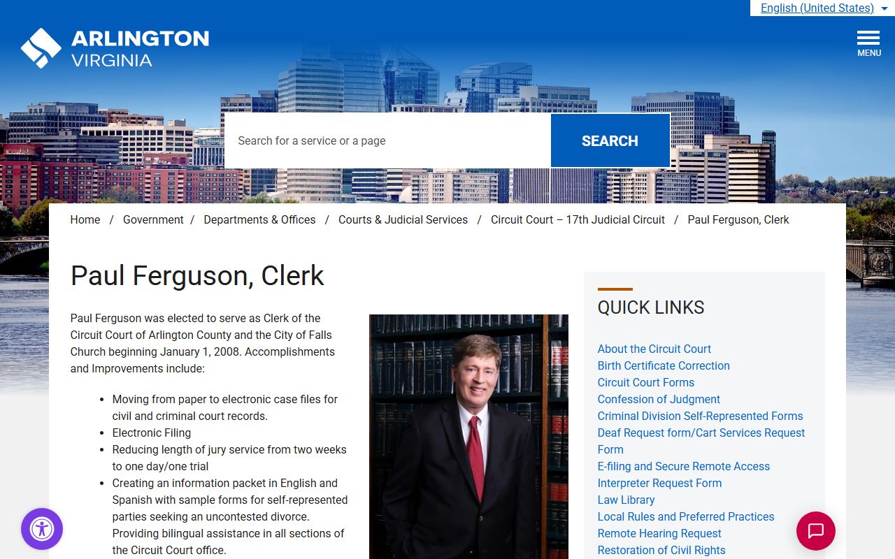 Arlington County Clerk Paul Ferguson biography page for the Circuit Court
