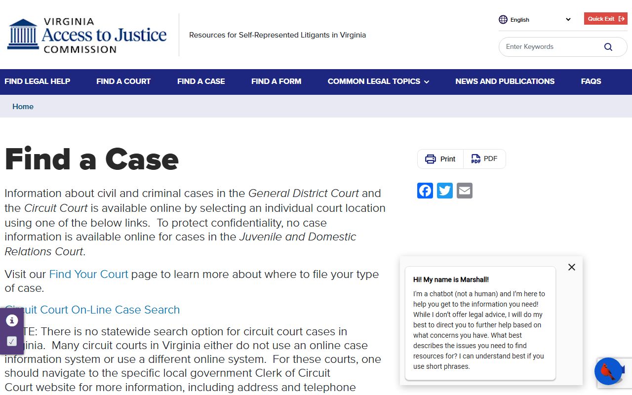 Virginia find a case self-help page for Arlington County court records