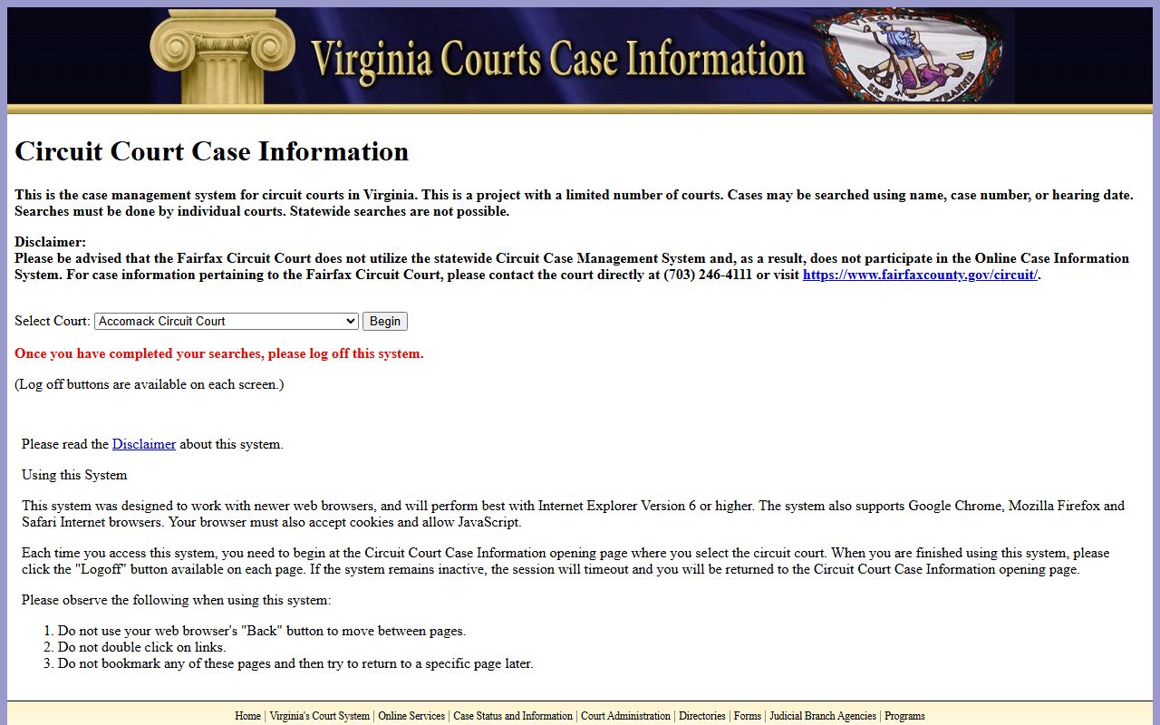 Virginia Circuit Court Case Information system for Arlington County court records