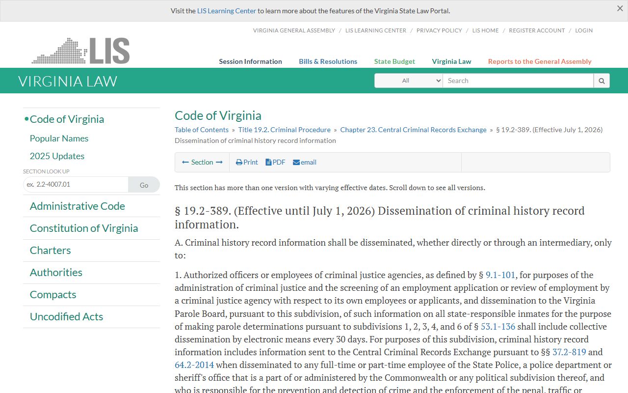 Virginia criminal history dissemination statute affecting Arlington County records