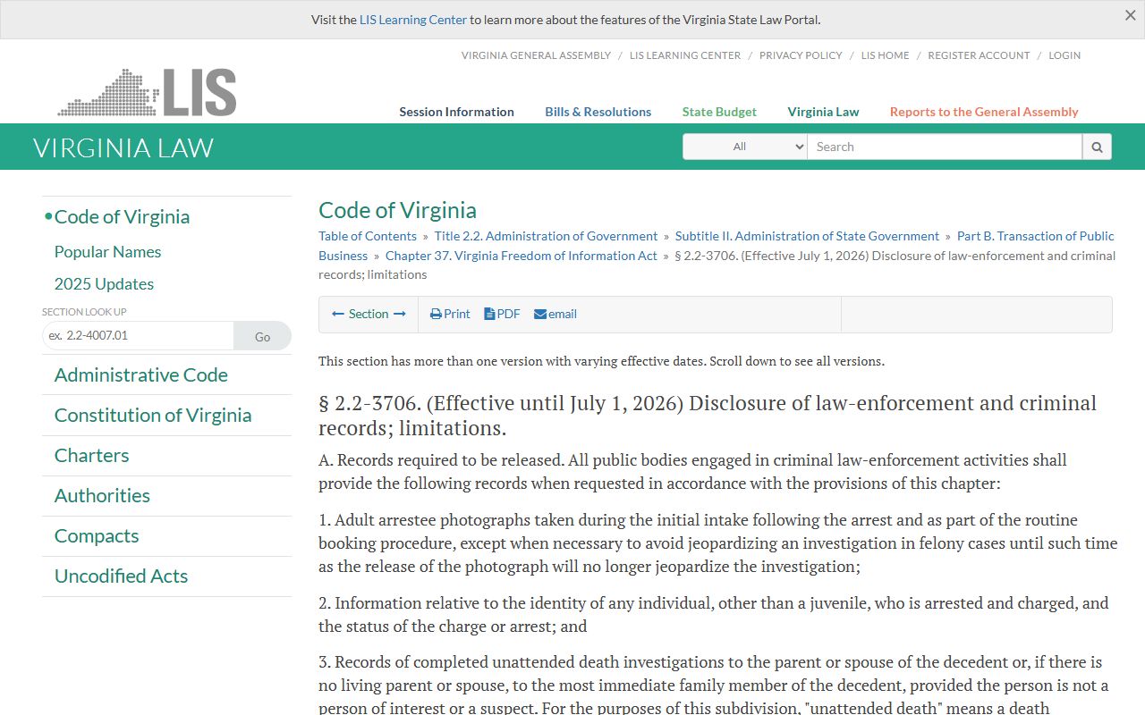 Virginia law enforcement records FOIA statute for Arlington County criminal records