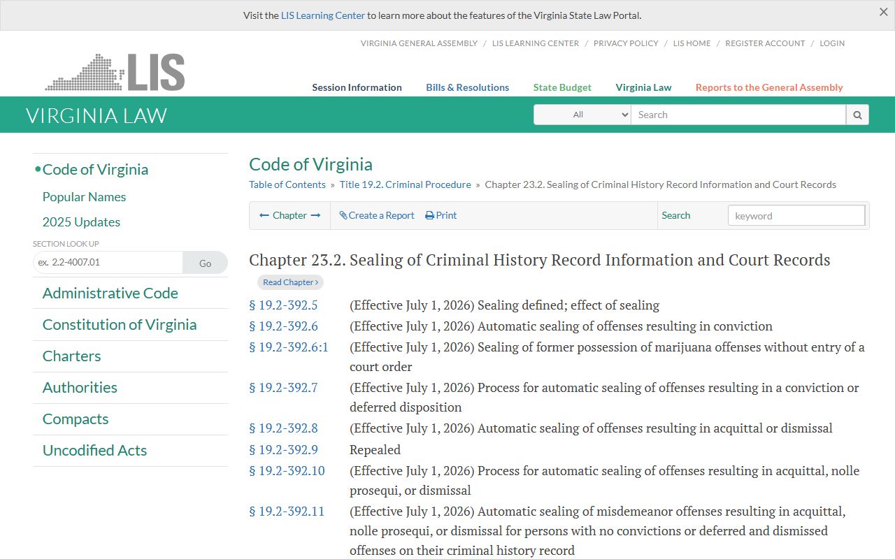 Virginia criminal record sealing chapter for Arlington County records
