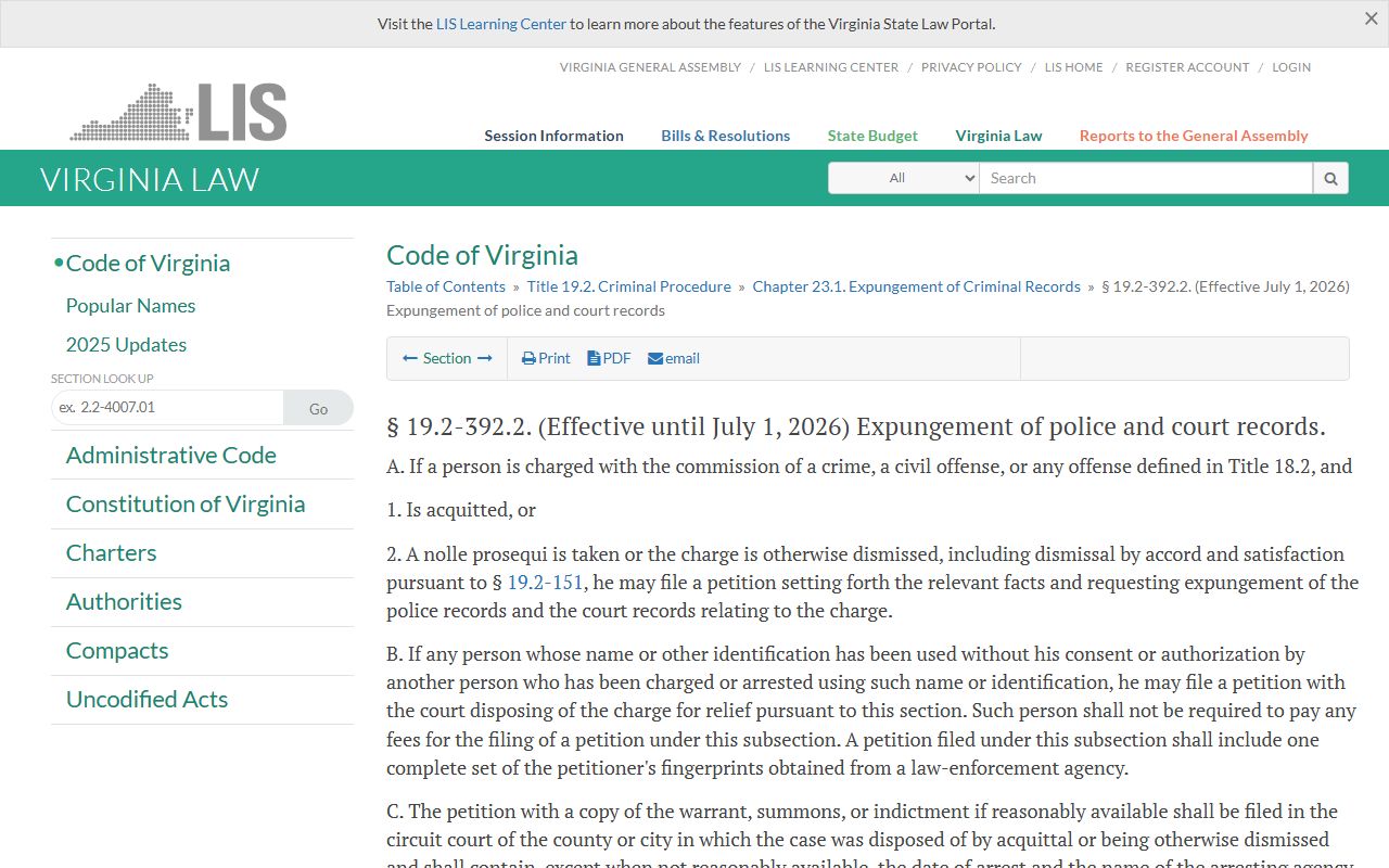 Virginia expungement statute for Arlington County criminal records