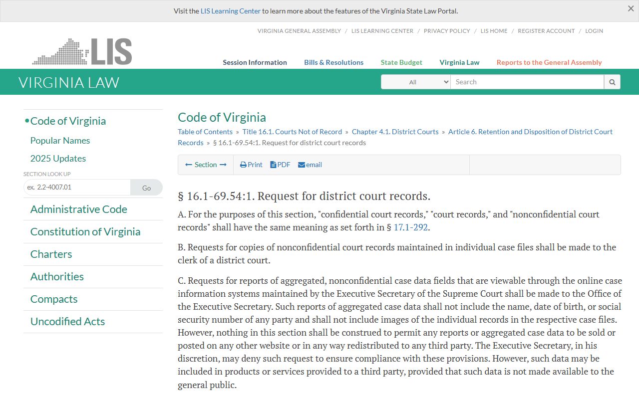 Virginia district court records systems statute for Arlington County