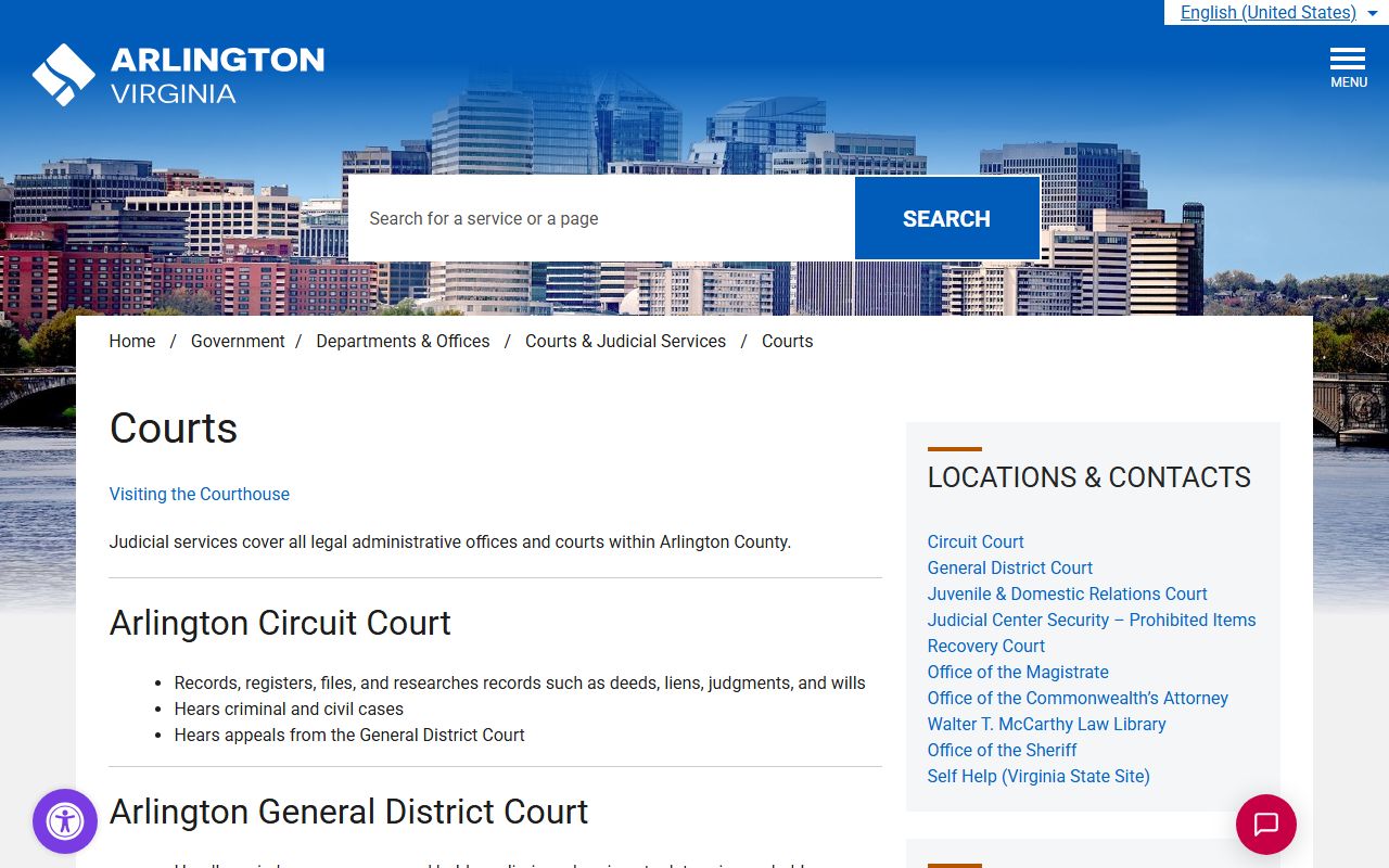 Arlington County courts landing page for court records