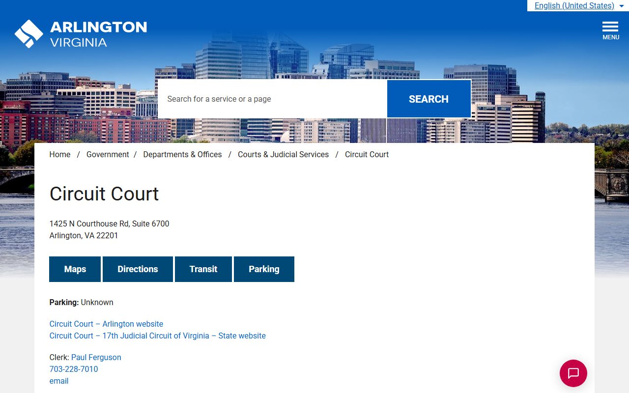 Arlington County Circuit Court location page with suite numbers