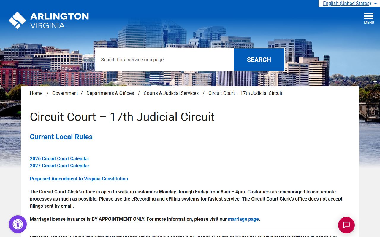 Arlington County Circuit Court and Clerk page with court records divisions
