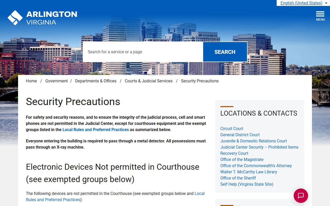 Arlington County courthouse security and prohibited items page for court visitors