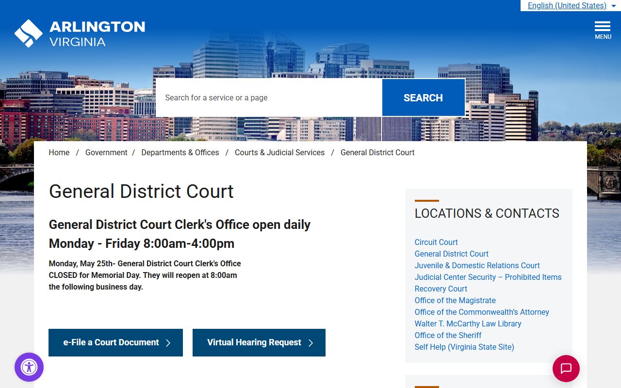 Arlington County General District Court records and case information page
