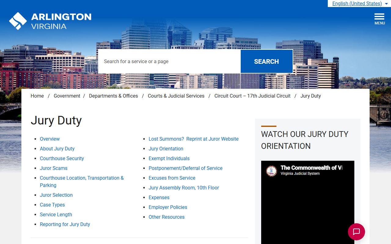 Arlington County courthouse jury duty page with location and parking