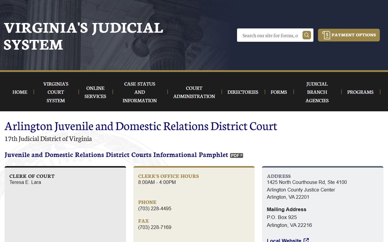 Virginia directory page for the Arlington County J&DR Court records