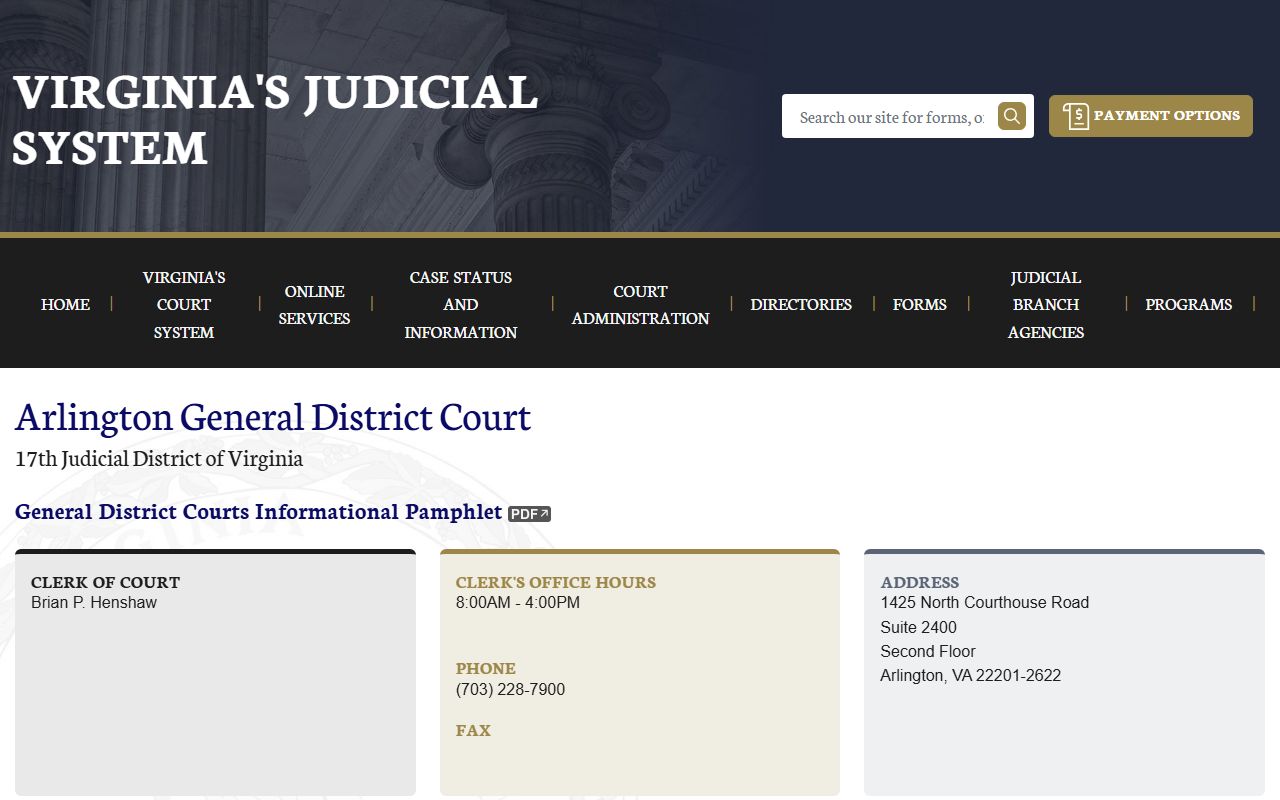 Virginia directory page for the Arlington County General District Court records