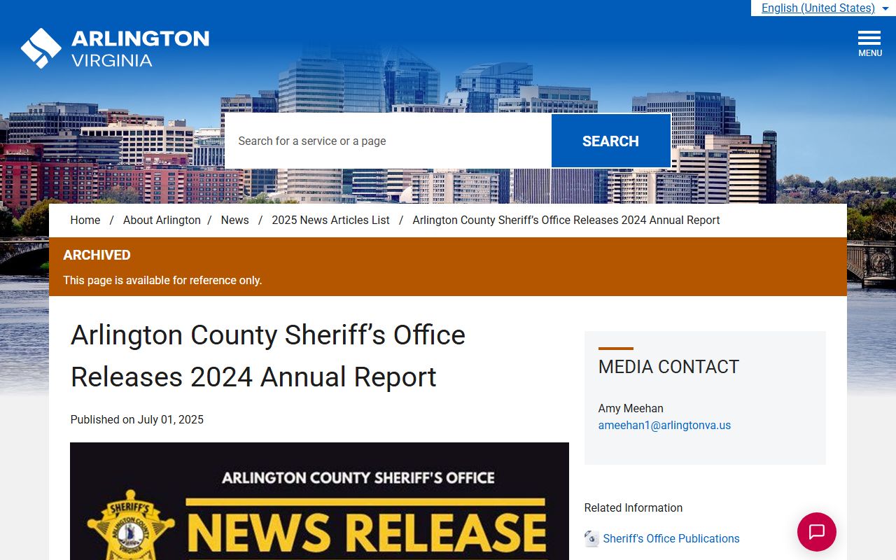 Arlington County Sheriff 2024 annual report with inmate population data