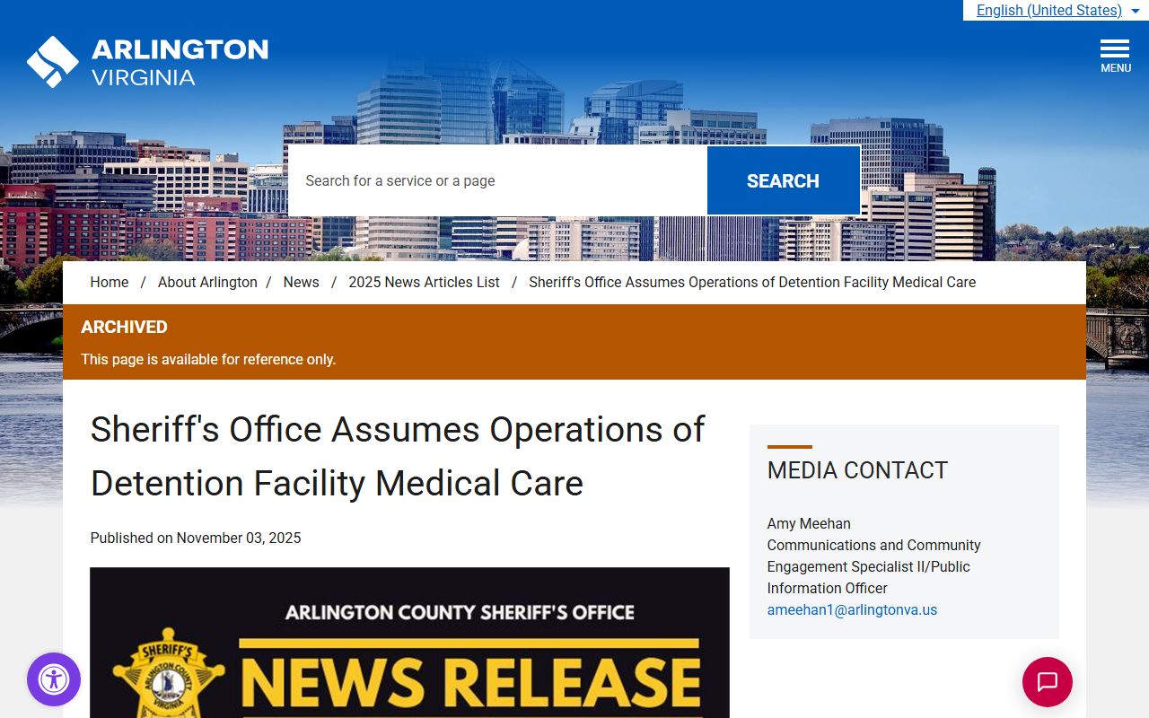 Arlington County Sheriff medical services transition affecting jail population care