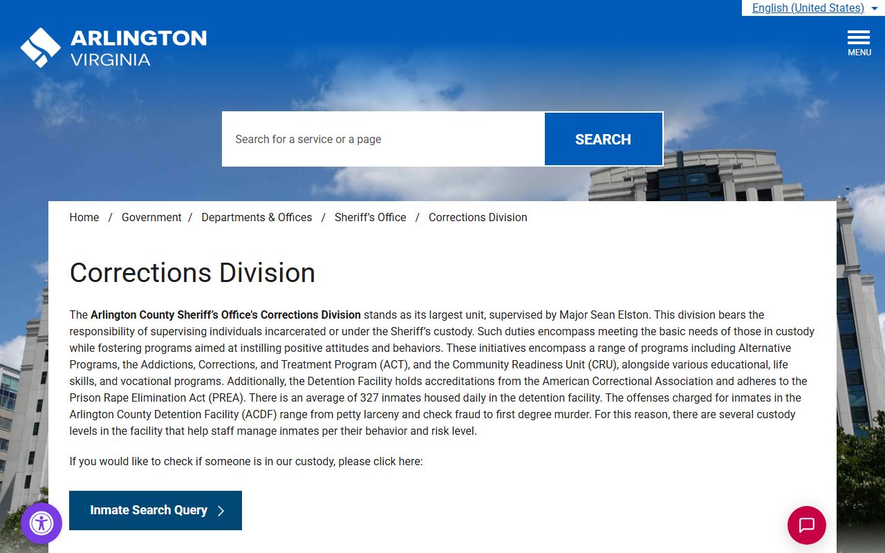 Arlington County Corrections Division page with inmate search and jail information