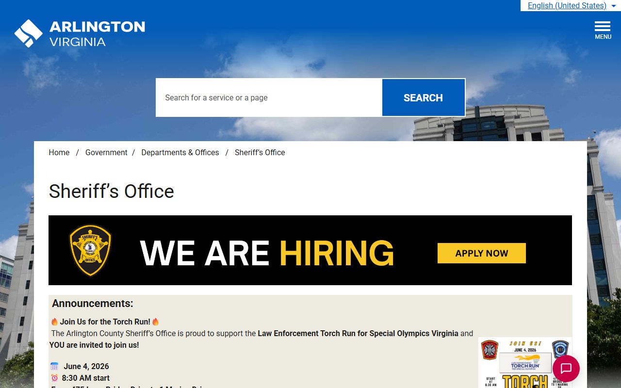 Arlington County Sheriff's Office page for inmate records and custody