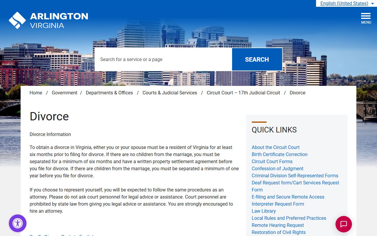 Arlington County divorce filing records and Circuit Court page