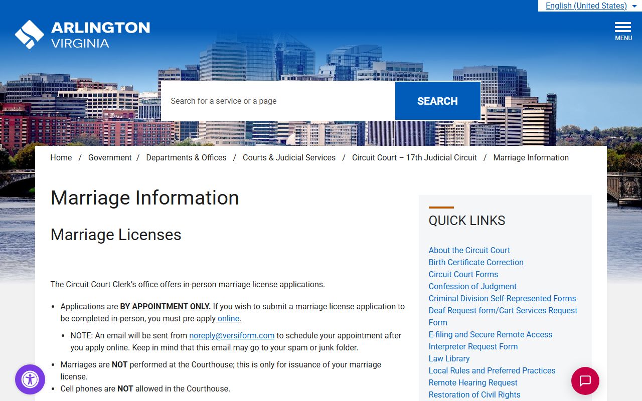Arlington County marriage license records and application page