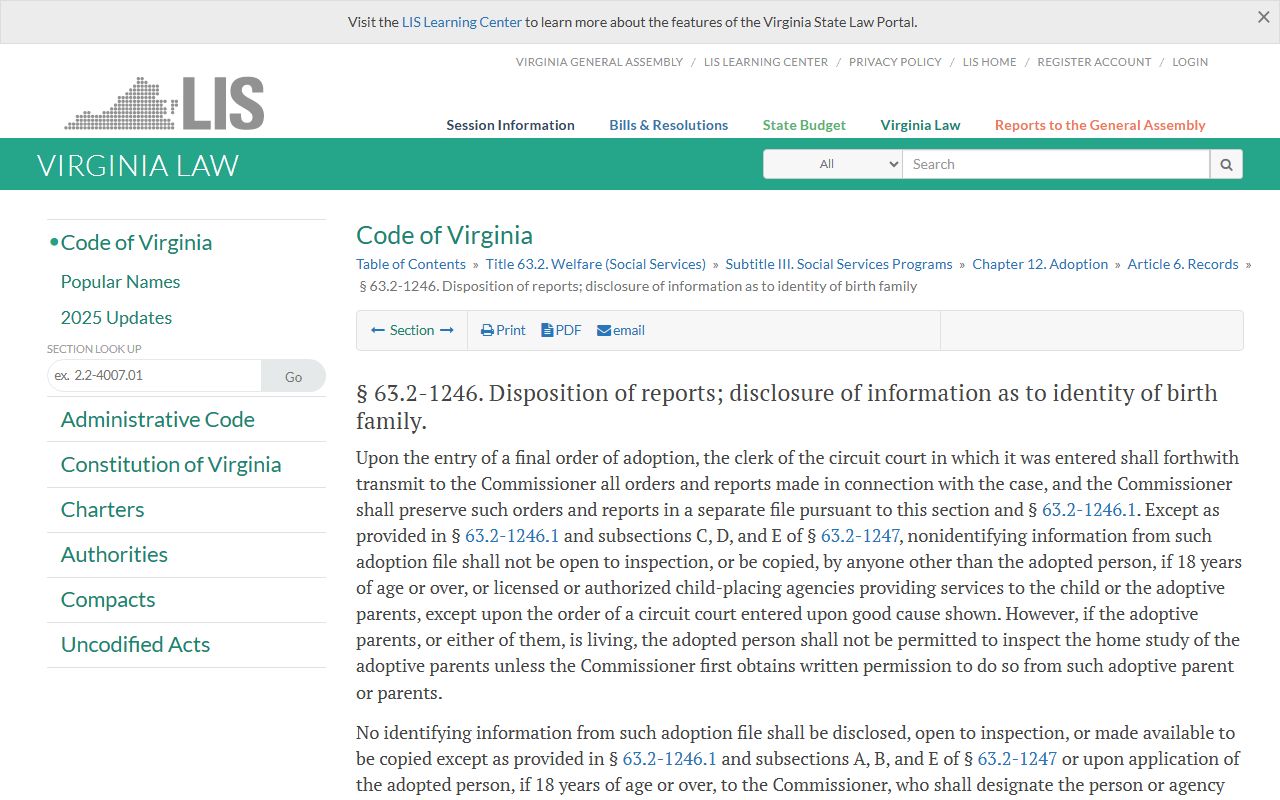 Virginia adoption record disclosure statute affecting Arlington County records