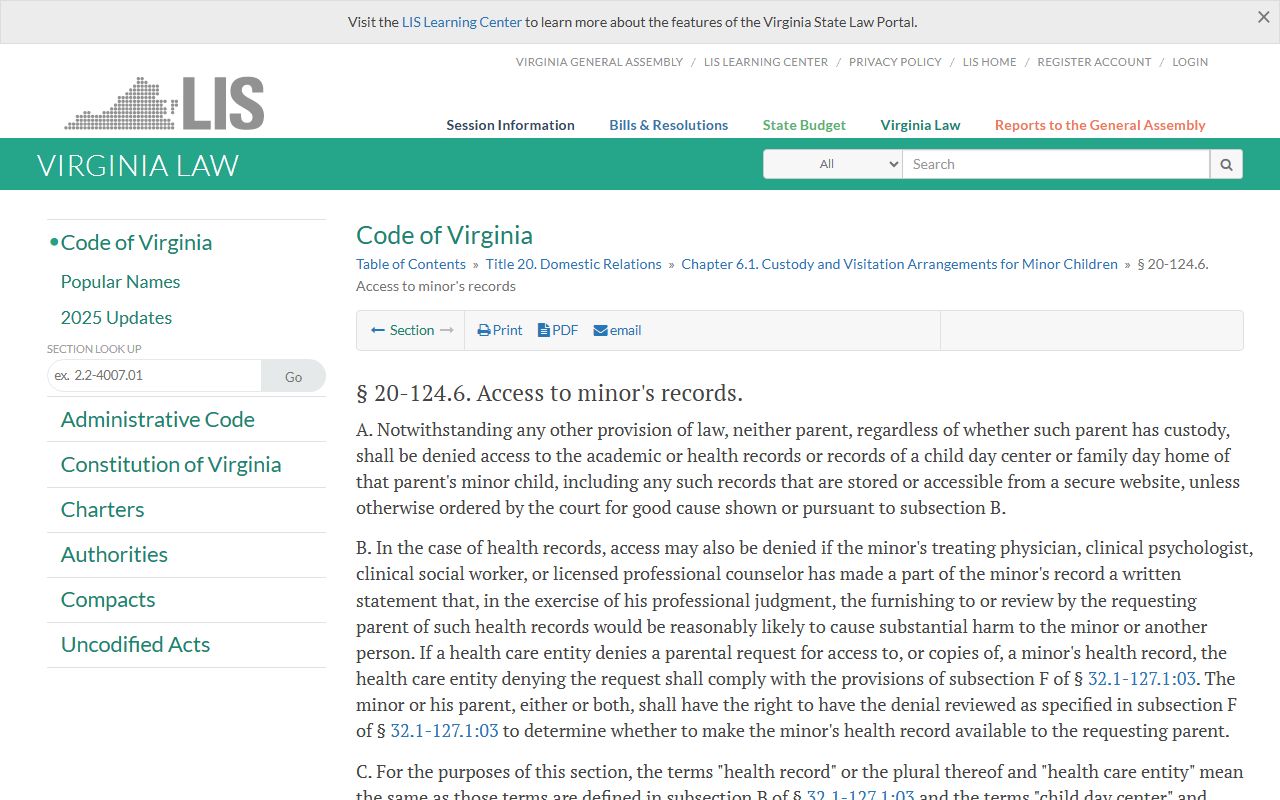 Virginia custody and visitation record statute for Arlington County records