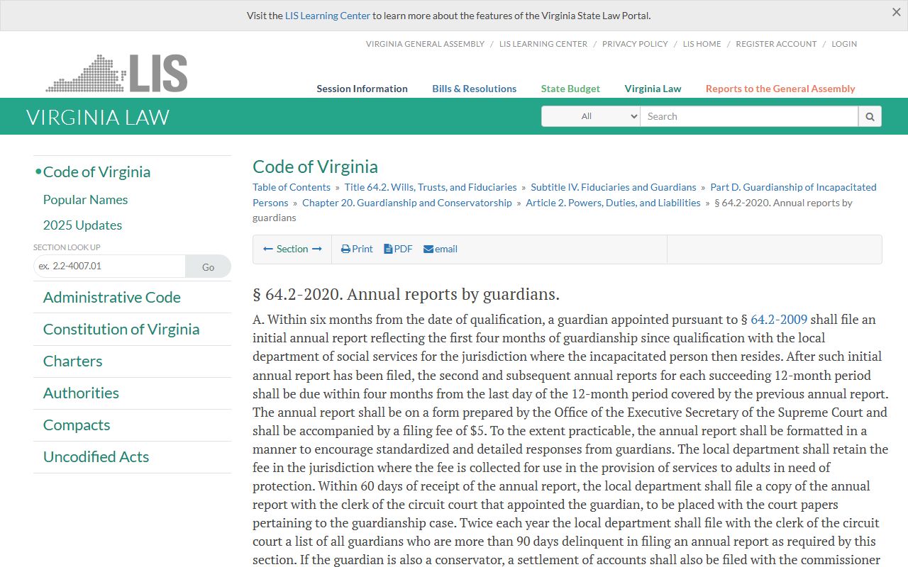 Virginia guardian reporting statute for Arlington County probate records