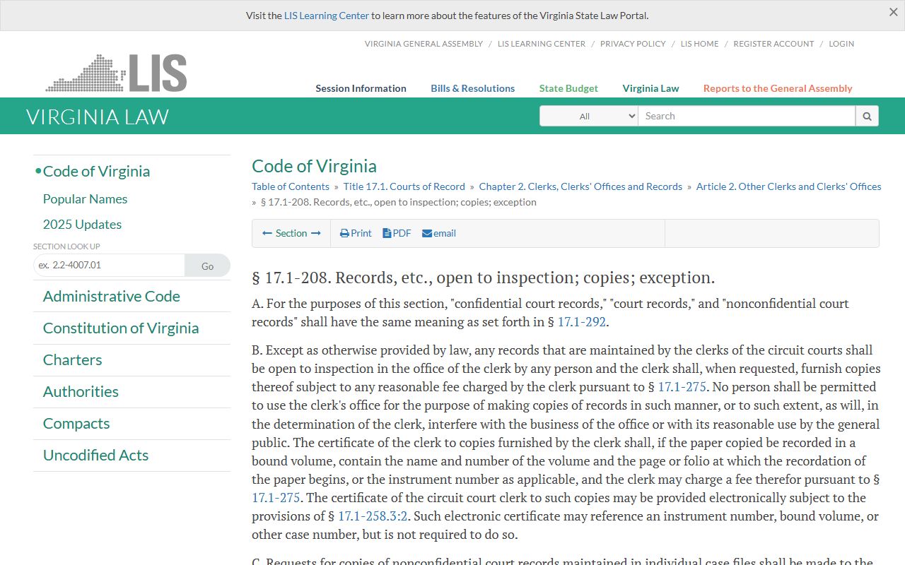 Virginia circuit court records inspection statute for Arlington County public records