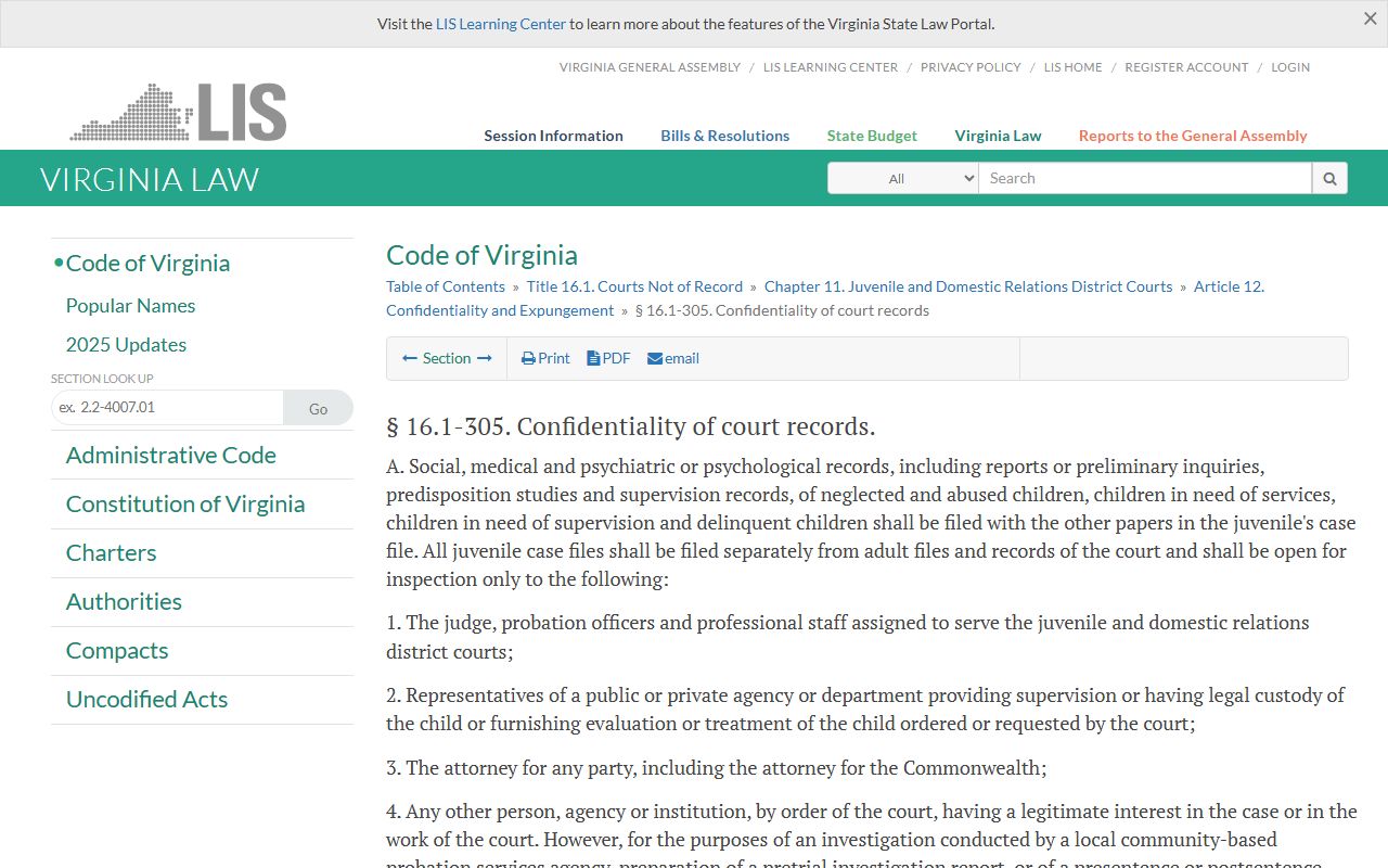Virginia juvenile court records confidentiality statute for Arlington County public records
