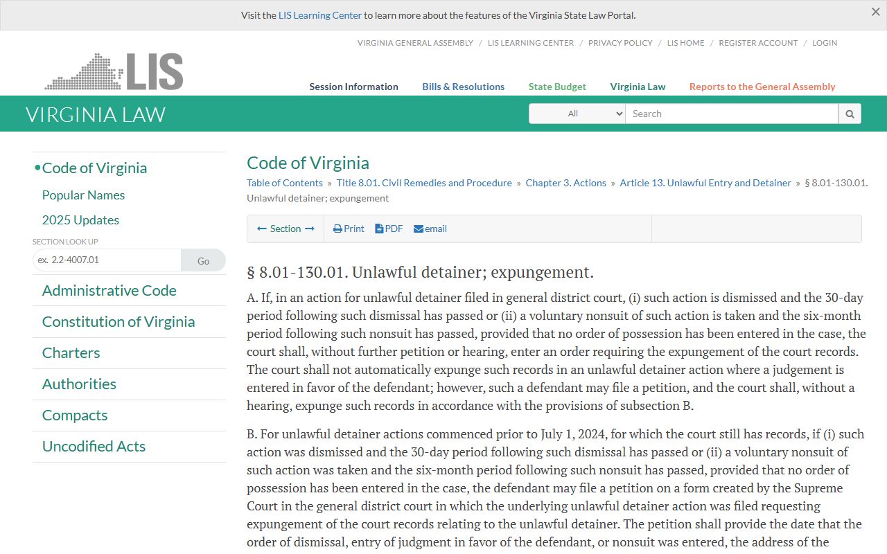 Virginia unlawful detainer expungement statute for Arlington County public records